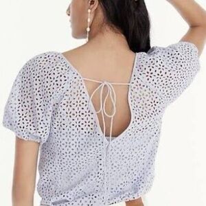 J Crew V-back puff-sleeve eyelet top Lilac Purple Cottage core romantic blouse